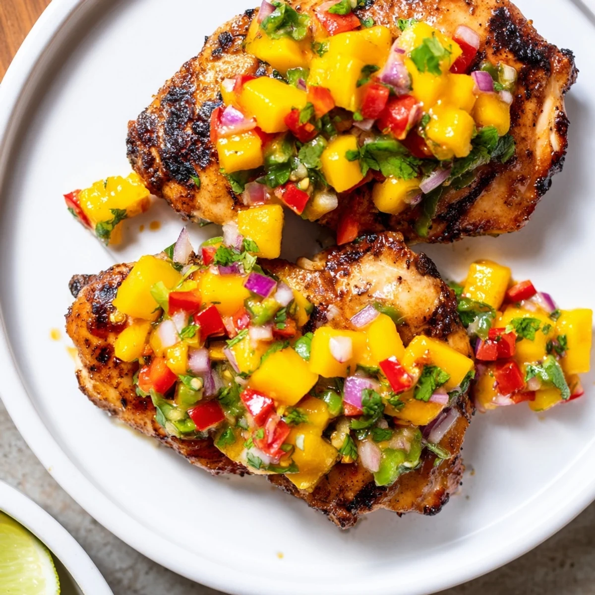 Grilled Mango Salsa Chicken with bright, colorful mango salsa, a summery, gluten-free main course.