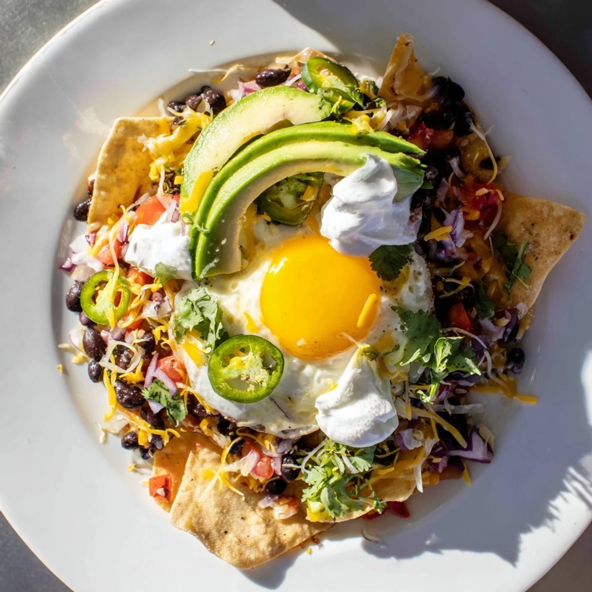 A close-up of golden, crispy Egg-Topped Breakfast Nachos with fresh toppings, perfect for a hearty brunch.