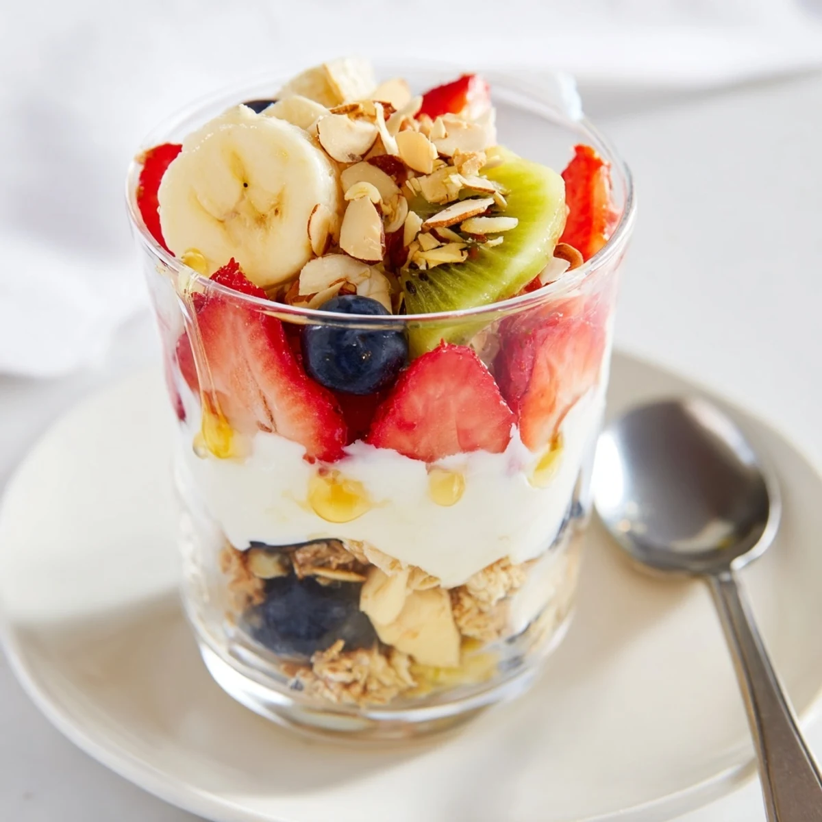 Layered Yogurt Fruit Parfait with fresh berries and granola, ready for a delicious breakfast.