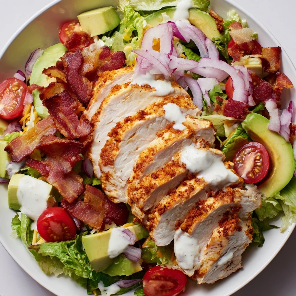 Juicy Crispy Bacon Chicken Salad with fresh greens, tomatoes, and creamy ranch dressing on a plate.
