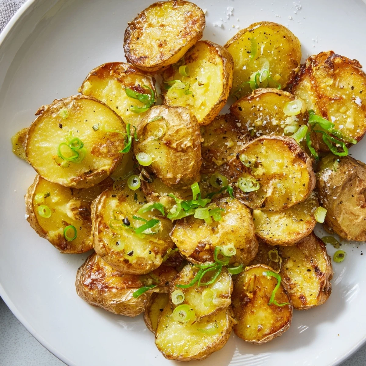 Overhead shot of crispy Smashed Green Onion Potato Bombs, showcasing textures and scallion oil glaze.