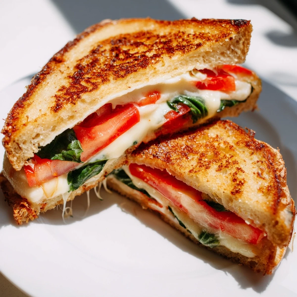 A sizzling Tomato Basil Grilled Cheese with melted mozzarella and fresh tomato slices.