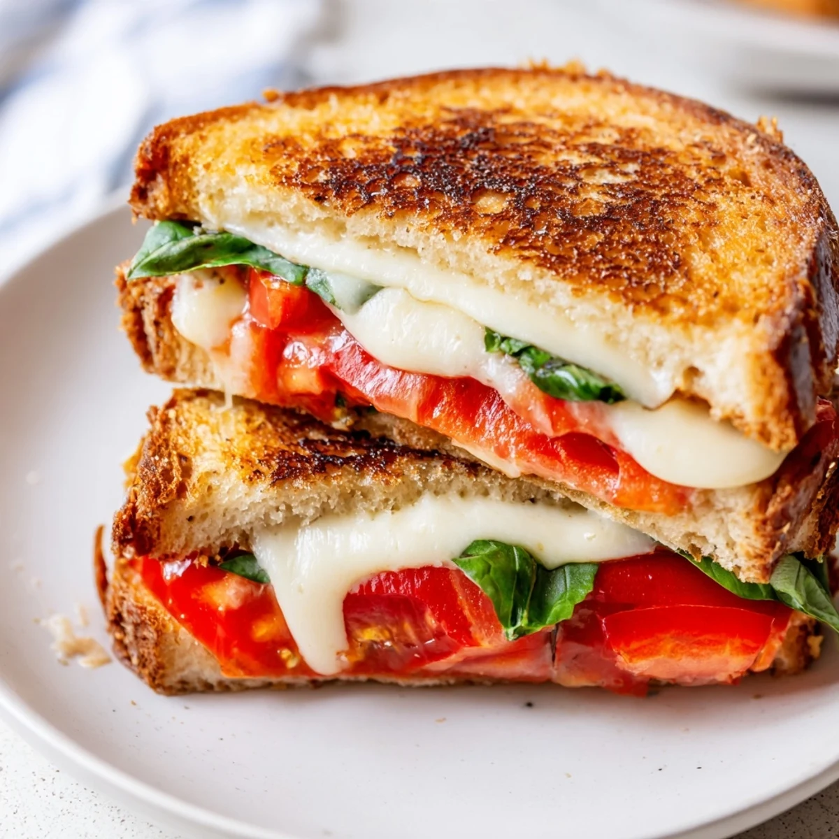The perfect warm Tomato Basil Grilled Cheese, with gooey cheese and toasted bread.