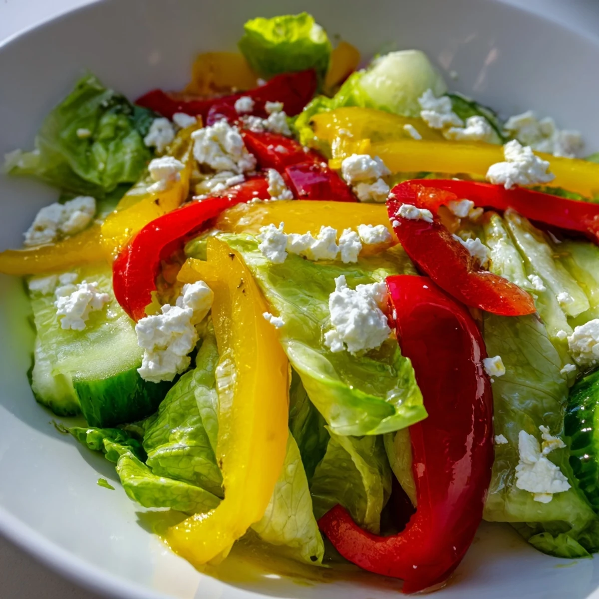 Ein köstlicher Bella Hadid Salat, hübsch angerichtet mit bunten Paprika und frischer Gurke, bereit zum Genießen.