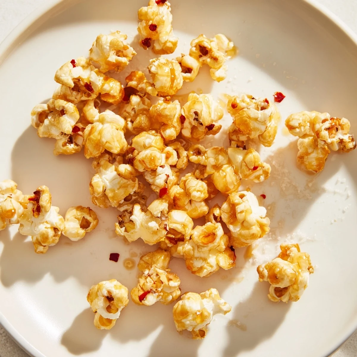 A close-up of buttery, glistening Hot Honey Butter Popcorn, savory and sweet, ready to enjoy.