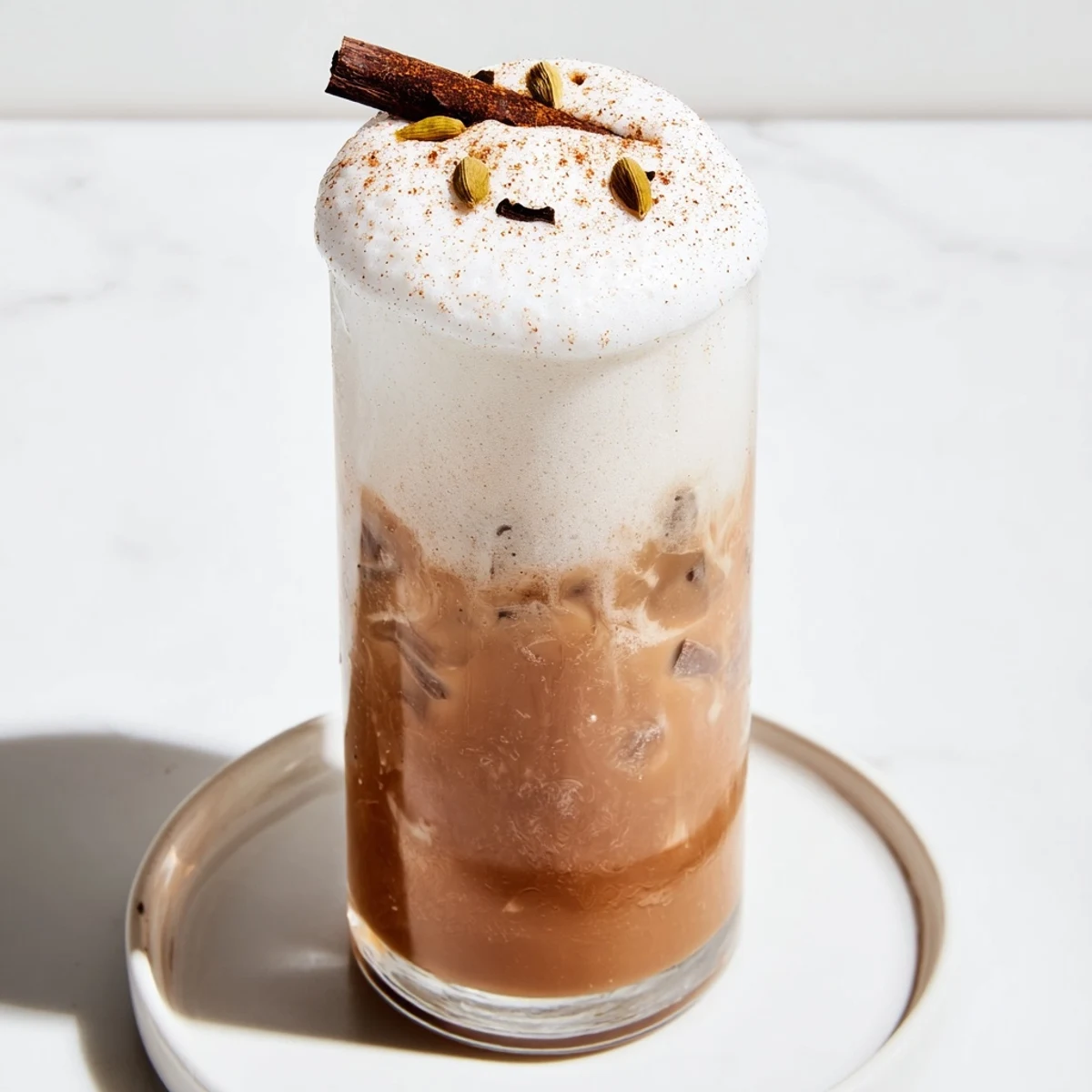 A tall glass of homemade iced chai, featuring a thick, white cold foam topping.