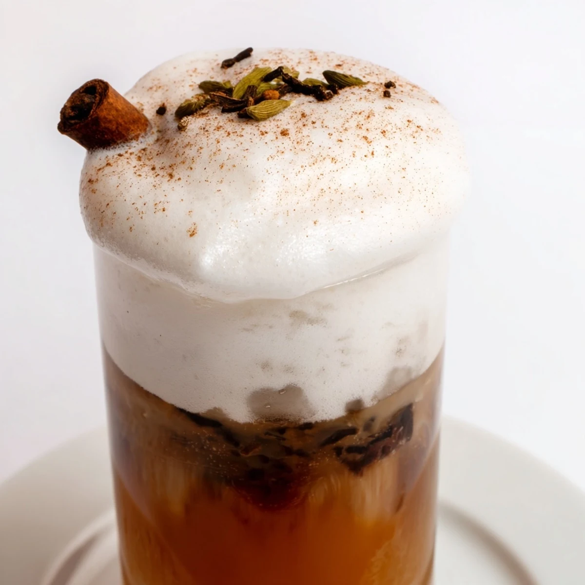 Homemade iced chai with cold foam, a creamy beverage with visible ice and cinnamon dusting.