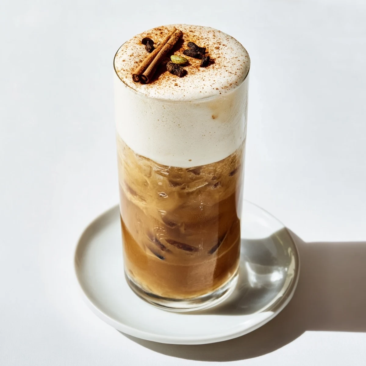 Delicious, spiced homemade iced chai with a cloud of cold foam, perfect for summer.