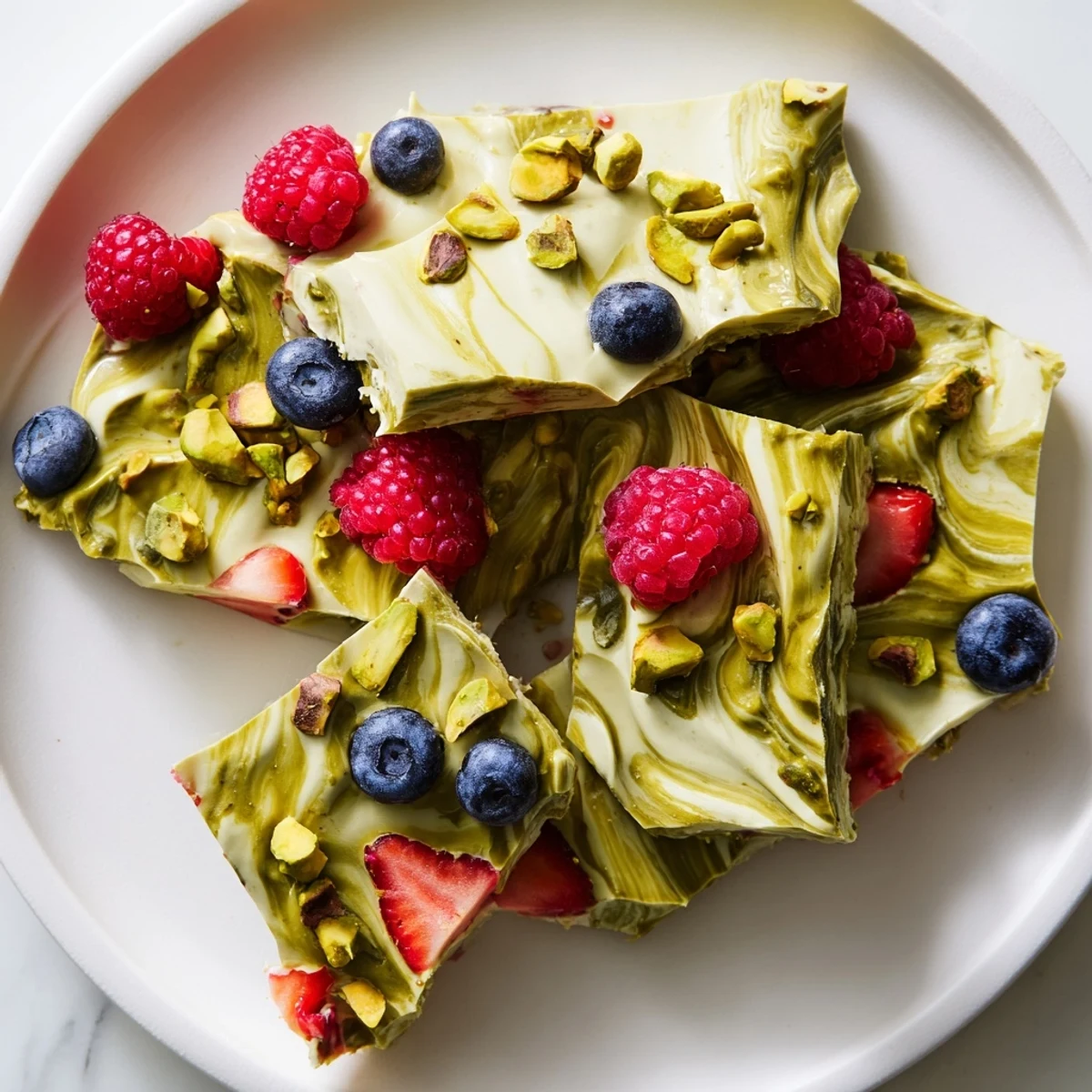 Frozen yogurt bark swirled with vibrant berries and pistachios, a refreshing, beautiful dessert.
