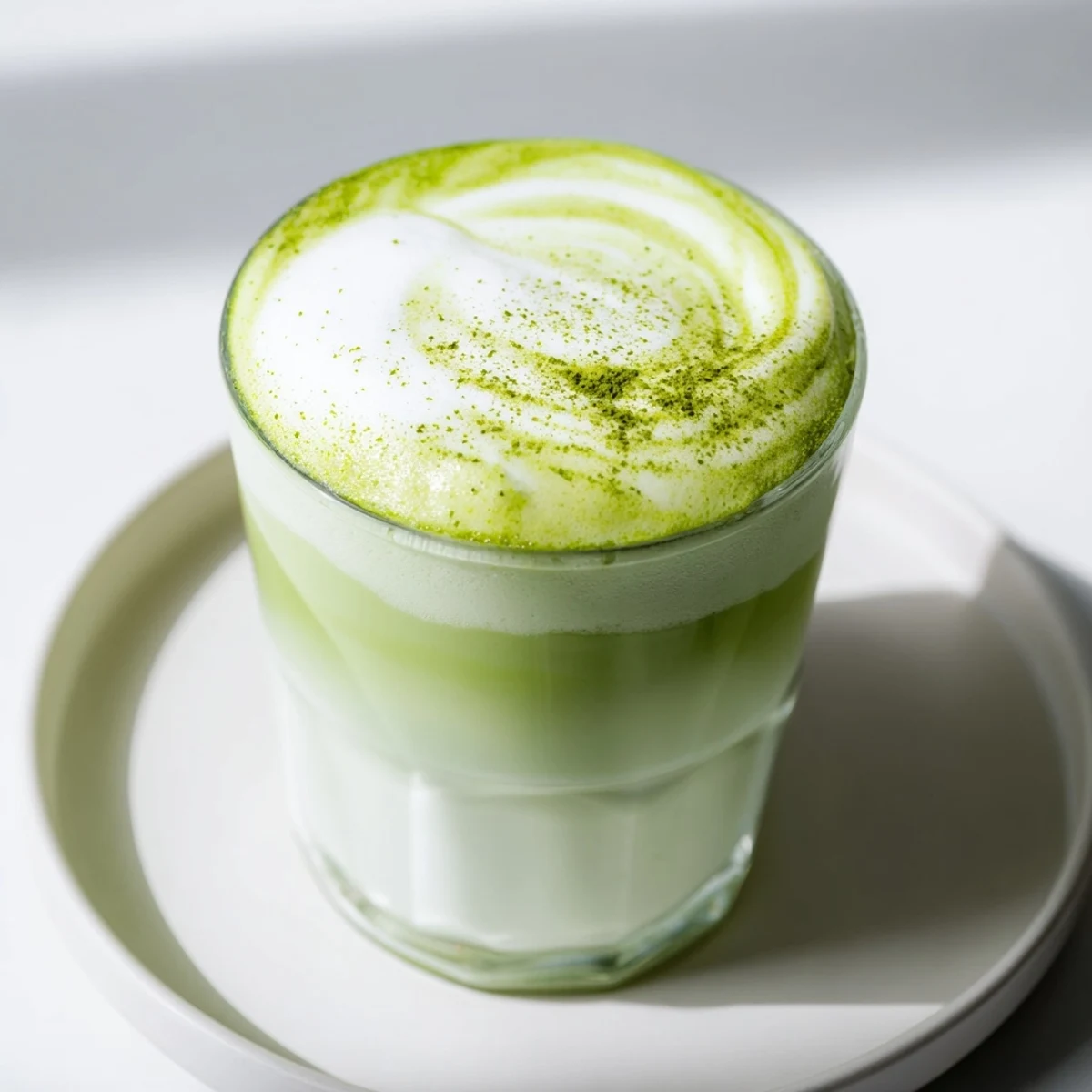 Vibrant green creamy matcha latte, with a generous, fluffy cold foam topping, a delicious treat.
