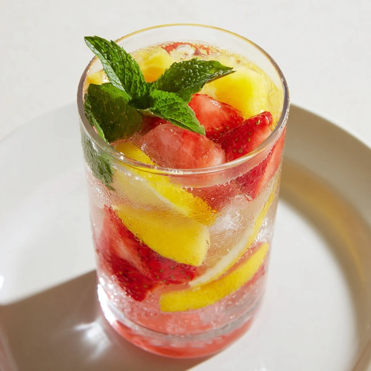 Refreshing, homemade DIY fruit refresher drinks: vibrant red strawberry puree drinks with ice.