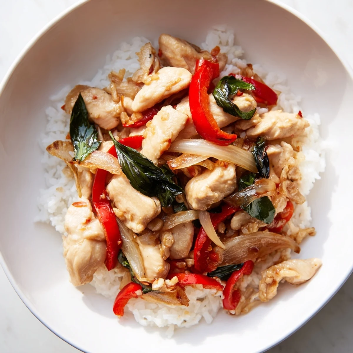 Aromatic Thai Basil Chicken Bowls, ready to eat, served with fluffy jasmine rice.