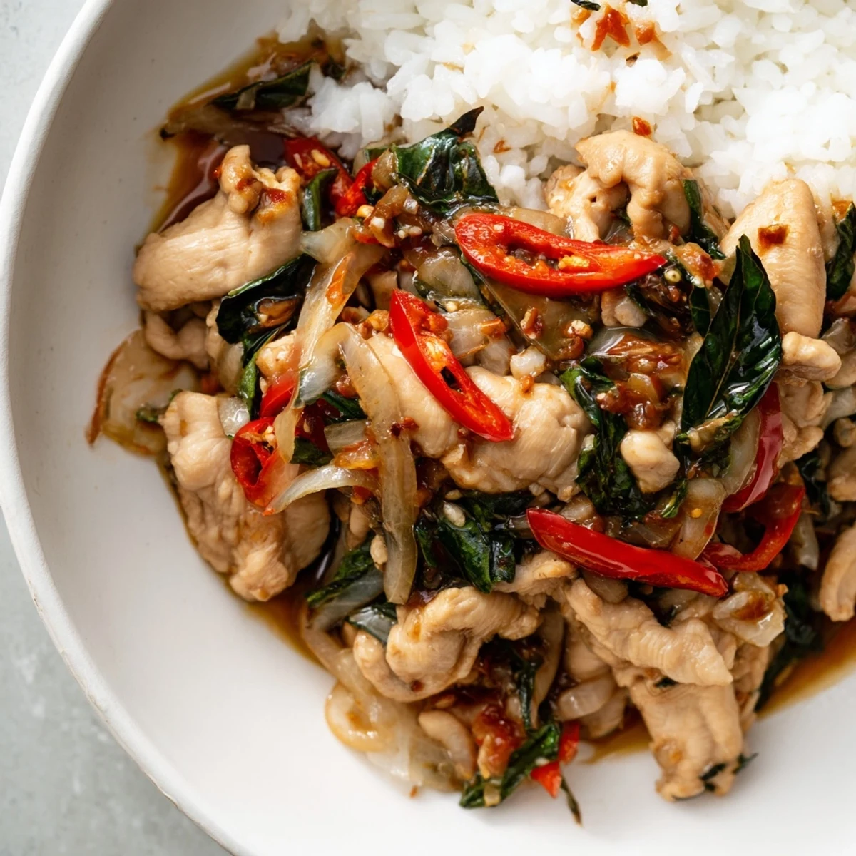 Savory and spicy Thai Basil Chicken Bowls, a quick and delicious weeknight dinner option.