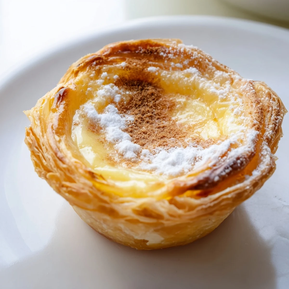 A close-up of delicious Portuguese Egg Tarts, showcasing a perfect flaky crust and creamy filling.