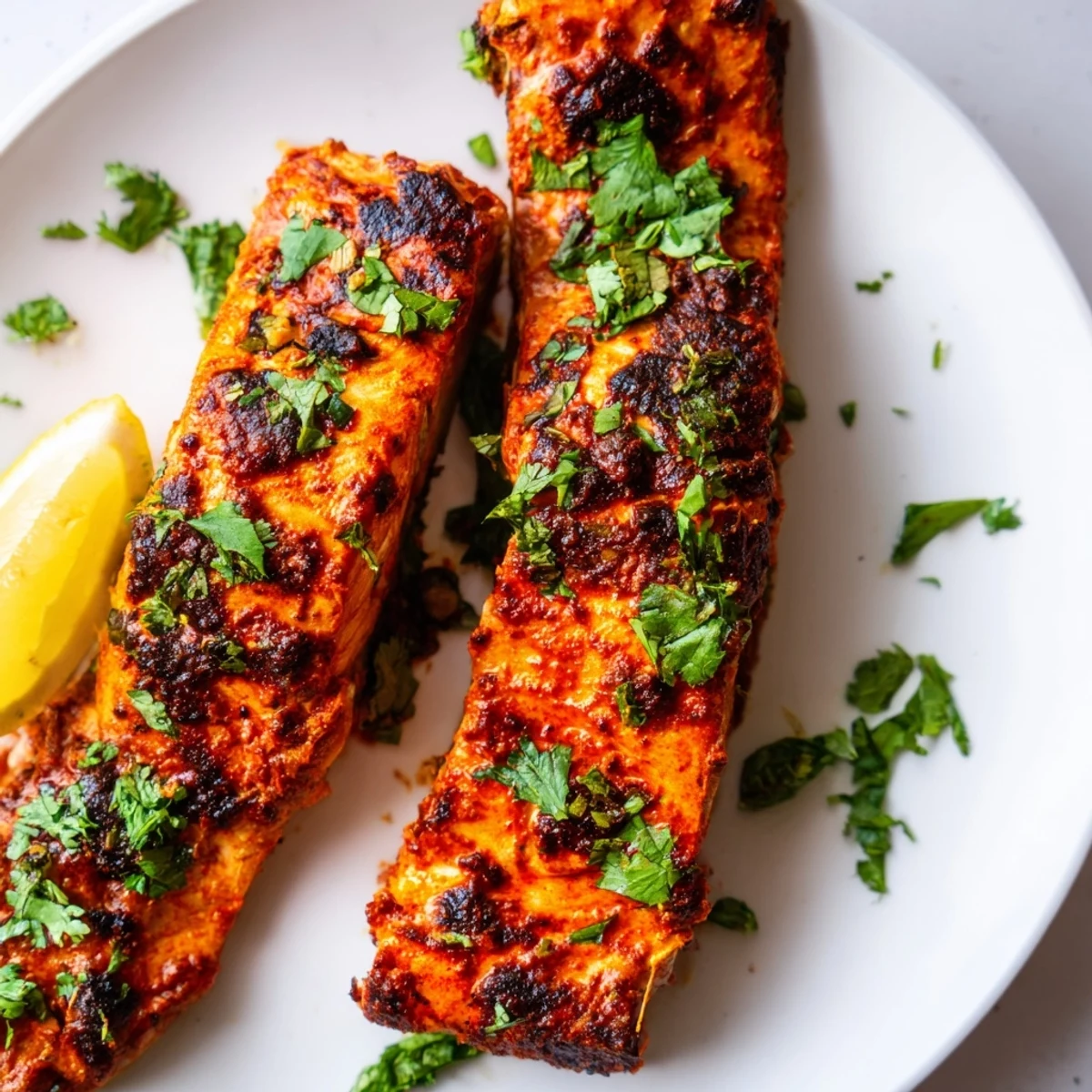 Freshly cooked Indian tikka salmon, a vibrant, flavorful dish ready to be served and enjoyed.