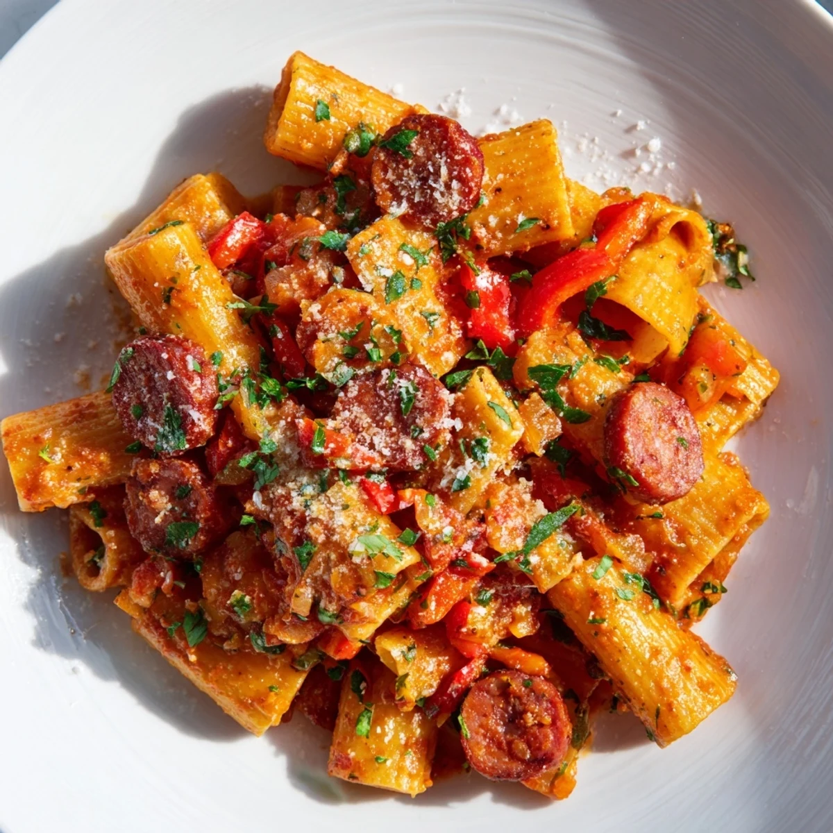 Close-up of hearty Spanish Chorizo Pasta, ready to serve with grated cheese for a satisfying meal.