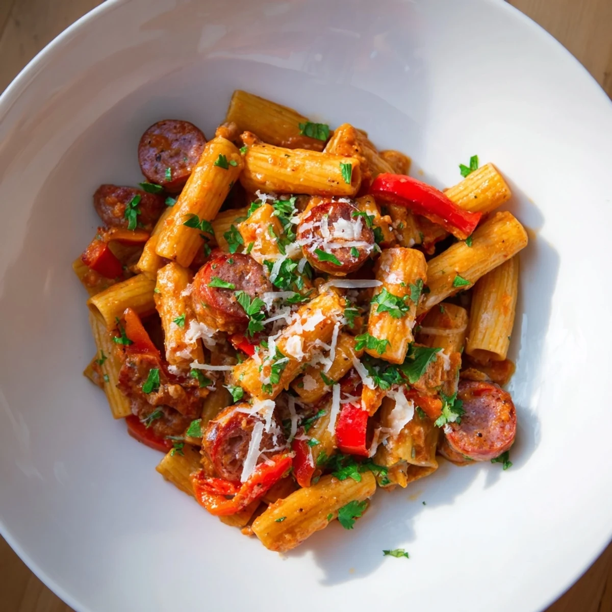 Enjoy a steaming bowl of Spanish Chorizo Pasta, showcasing flavorful chorizo and a vibrant tomato sauce.