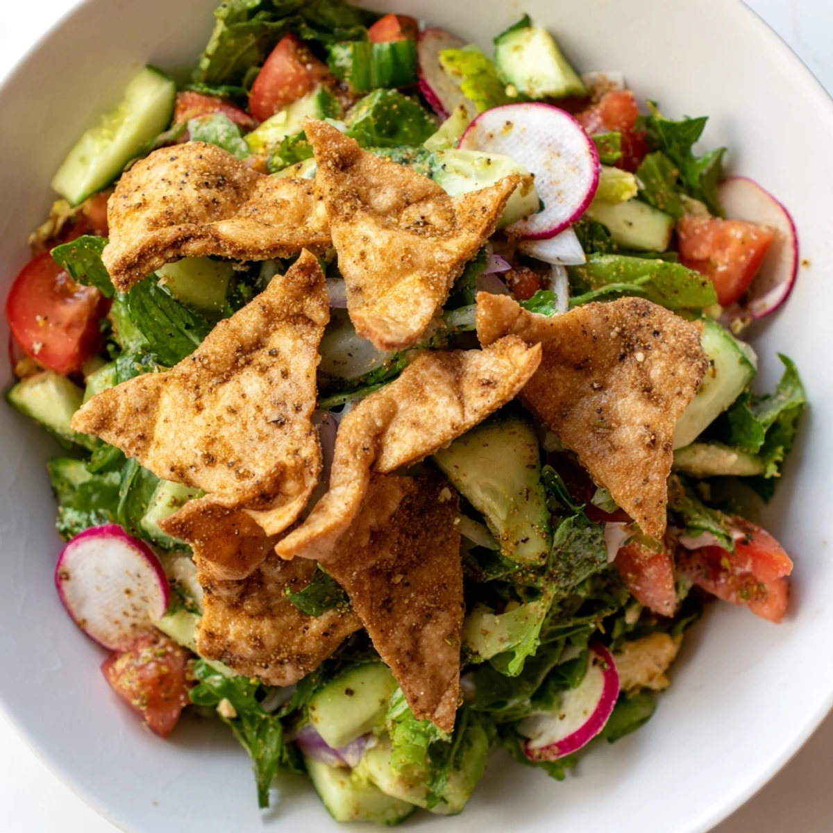 Close-up of a refreshing Lebanese Fattoush Salad, perfect for a light vegetarian lunch.