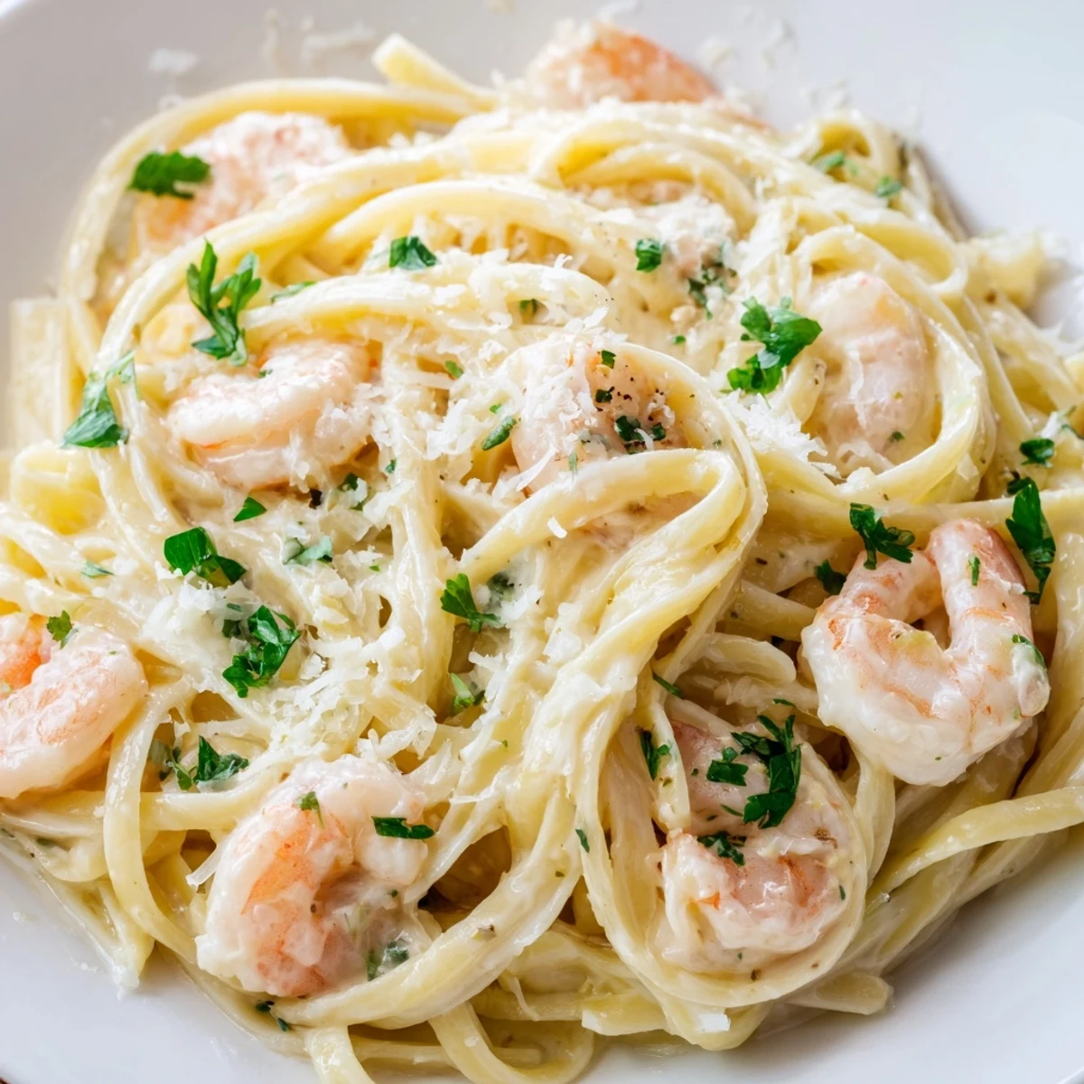 Creamy Garlic Shrimp Pasta in a white bowl, with linguine tangled in a rich sauce, garnished with fresh parsley and lemon wedges.