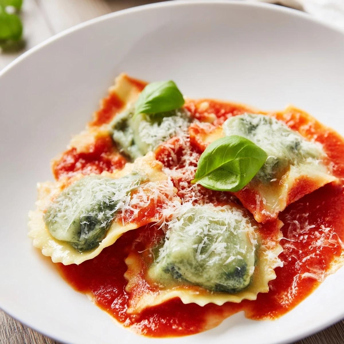 Häusliche Spinat-Ricotta-Ravioli in leuchtender Marinara-Sauce auf einem Teller garniert mit Basilikum.