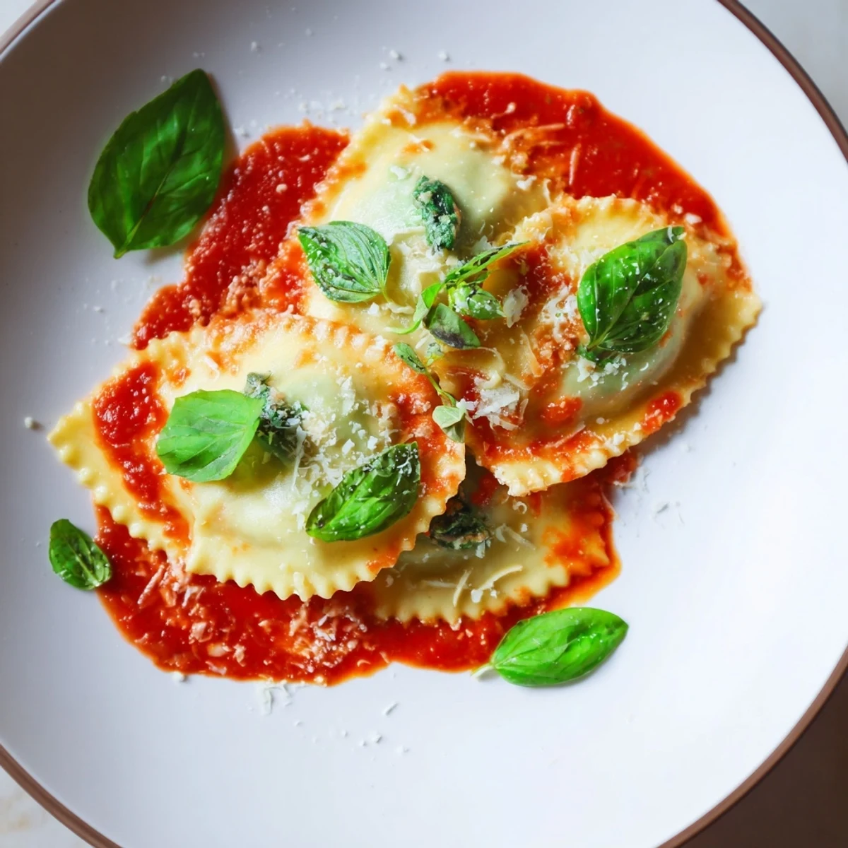 Hausgemachte Spinat-Ricotta-Ravioli auf einem hellen Teller mit Basilikum und würziger Marinara-Sauce serviert.