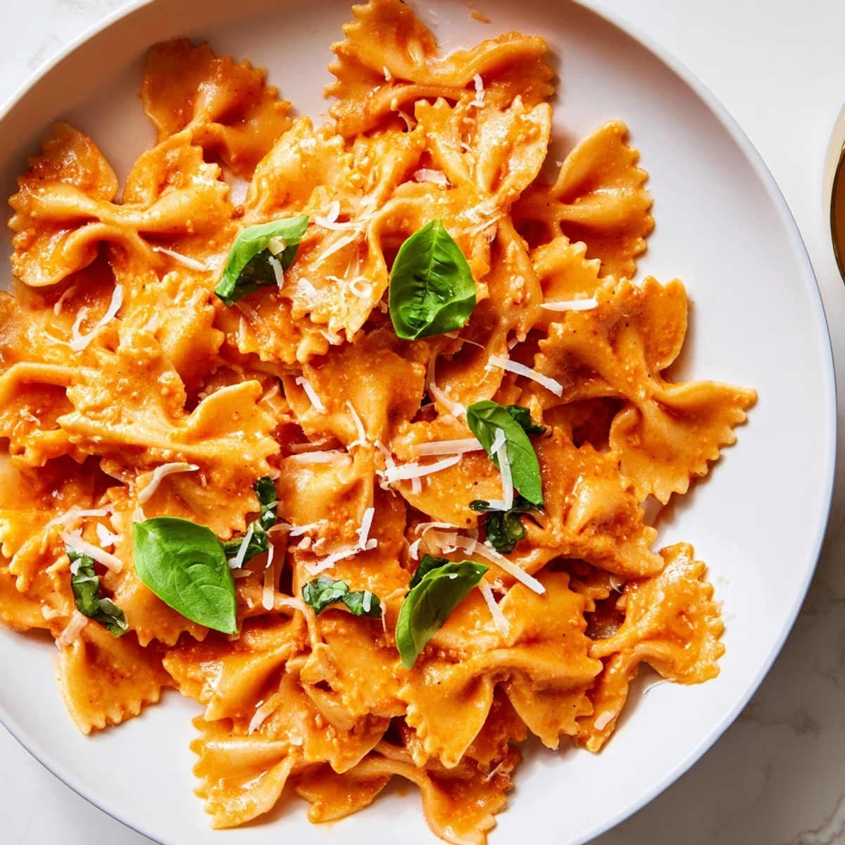 Flüssiger, cremiger Tomaten-Basilikum-Sauce umhüllt einzelne bowtie-Pasta-Nudeln, garniert mit frischen Basilikumblättern und geriebenem Parmesan.