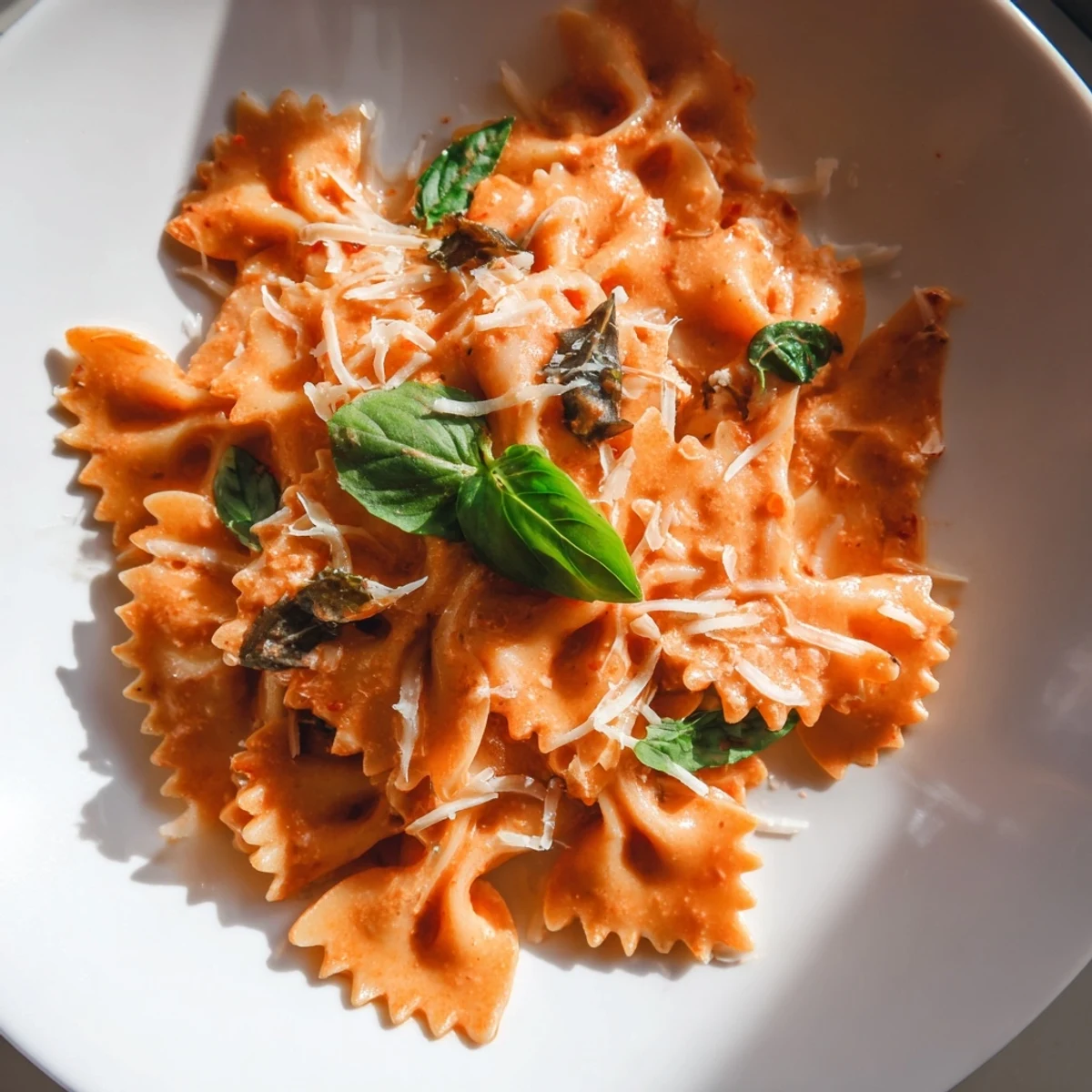 Gehaltvoller Teller mit gemalten Nudeln in kräftiger Tomaten-Basilikum-Sauce, serviert mit einem Schwung Parmesan und fein gehacktem Basilikum.