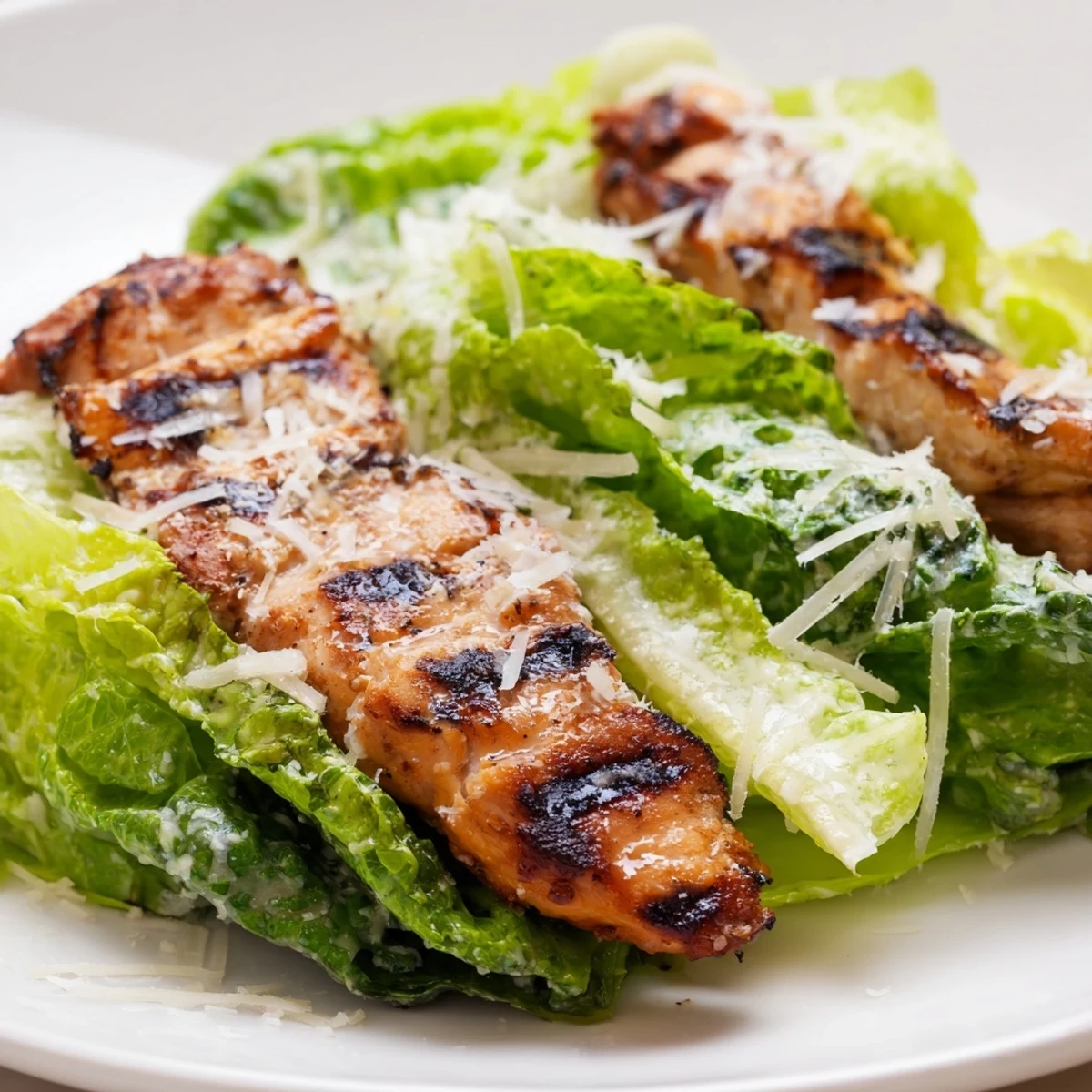 Gegrilltes Caesar Chicken Sandwich mit knusprigem Römersalat und cremiger Dressingsauce auf einem goldenen Brötchen.