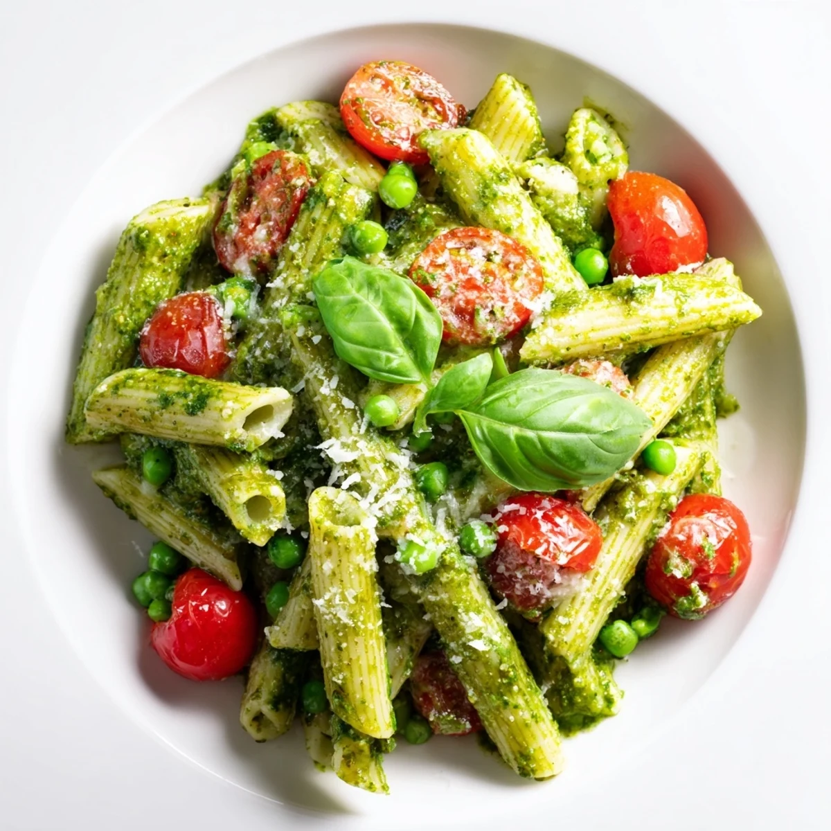 A bowl of vibrant Green Pesto Pasta Salad featuring al dente fusilli, fresh peas, and halved cherry tomatoes tossed in fragrant basil pesto.