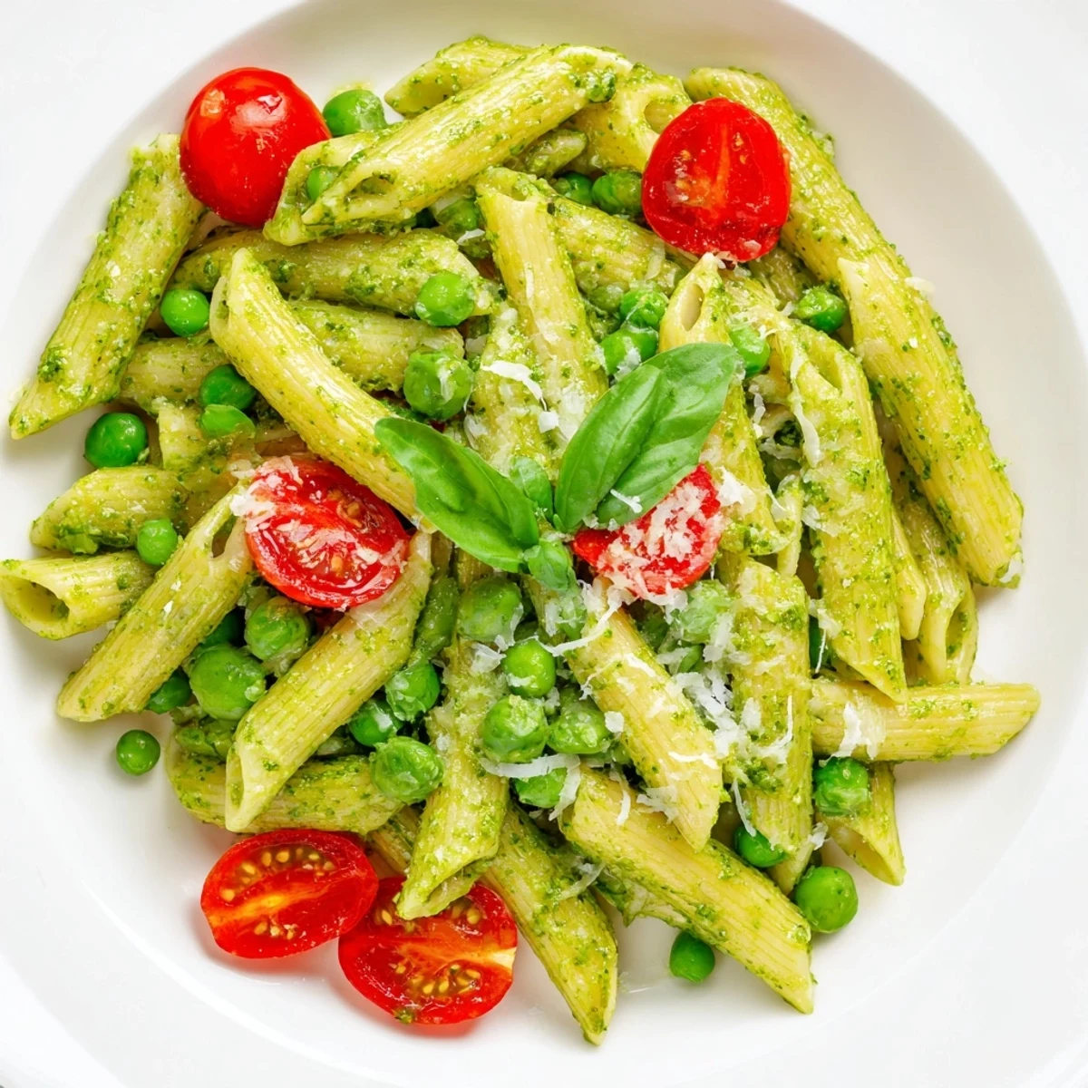 Close-up of Green Pesto Pasta Salad showing juicy cherry tomatoes and grated Parmesan cheese over a colorful Italian-inspired vegetarian side dish.