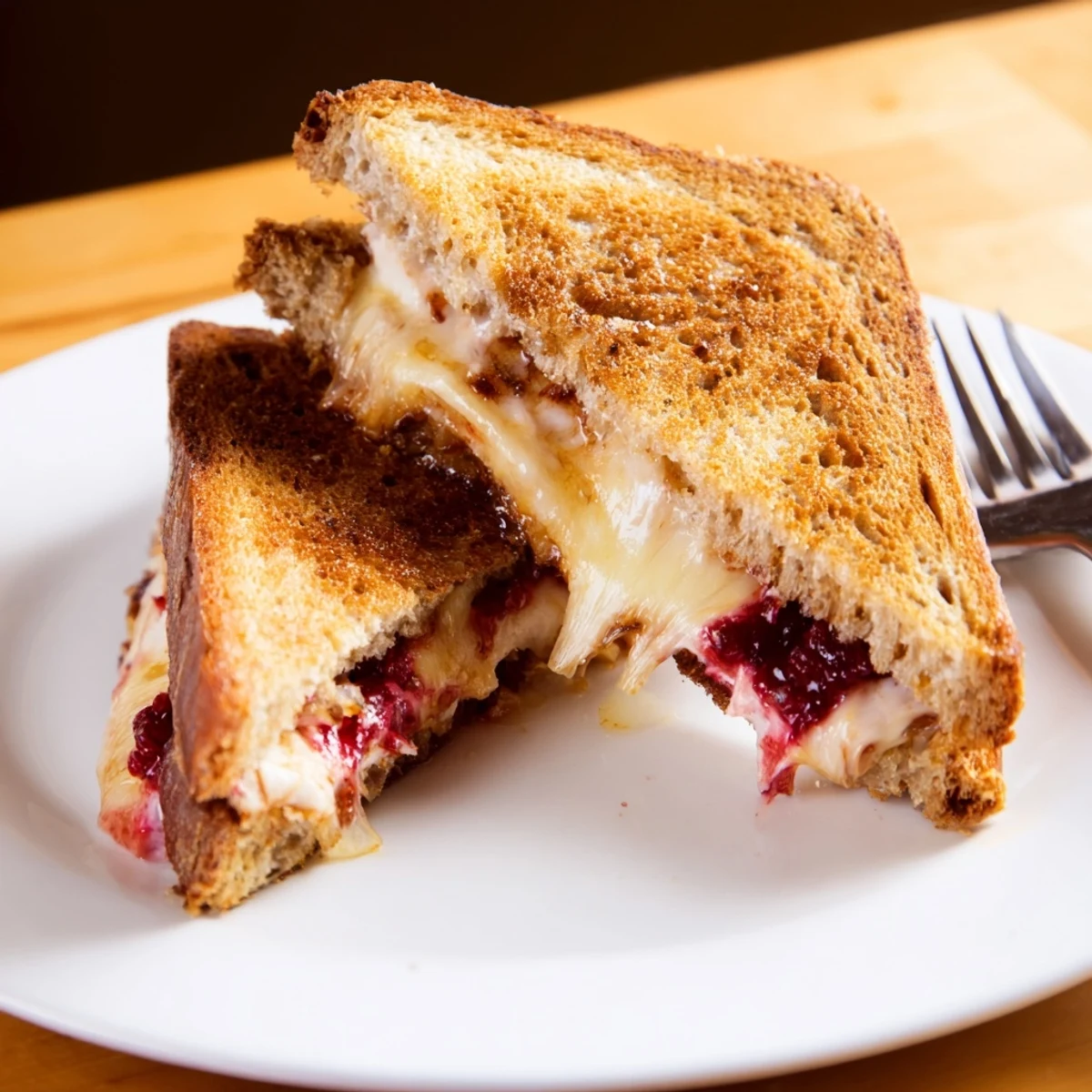 Smoked Turkey Grilled Cheese sandwich with melted cheddar and cranberry spread on golden toasted sourdough bread.  