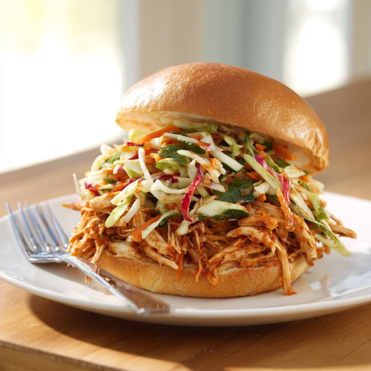 Tender pulled barbecue chicken piled high on a soft brioche bun, topped with crunchy tangy slaw.