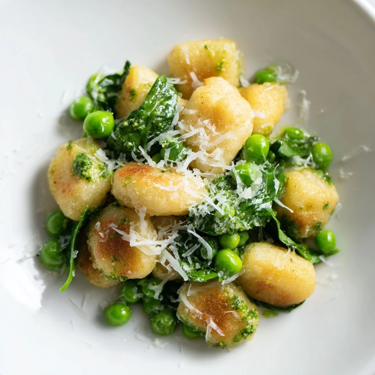 Crispy pan-fried gnocchi tossed with sweet peas and vibrant basil pesto in a rustic cast-iron skillet.
