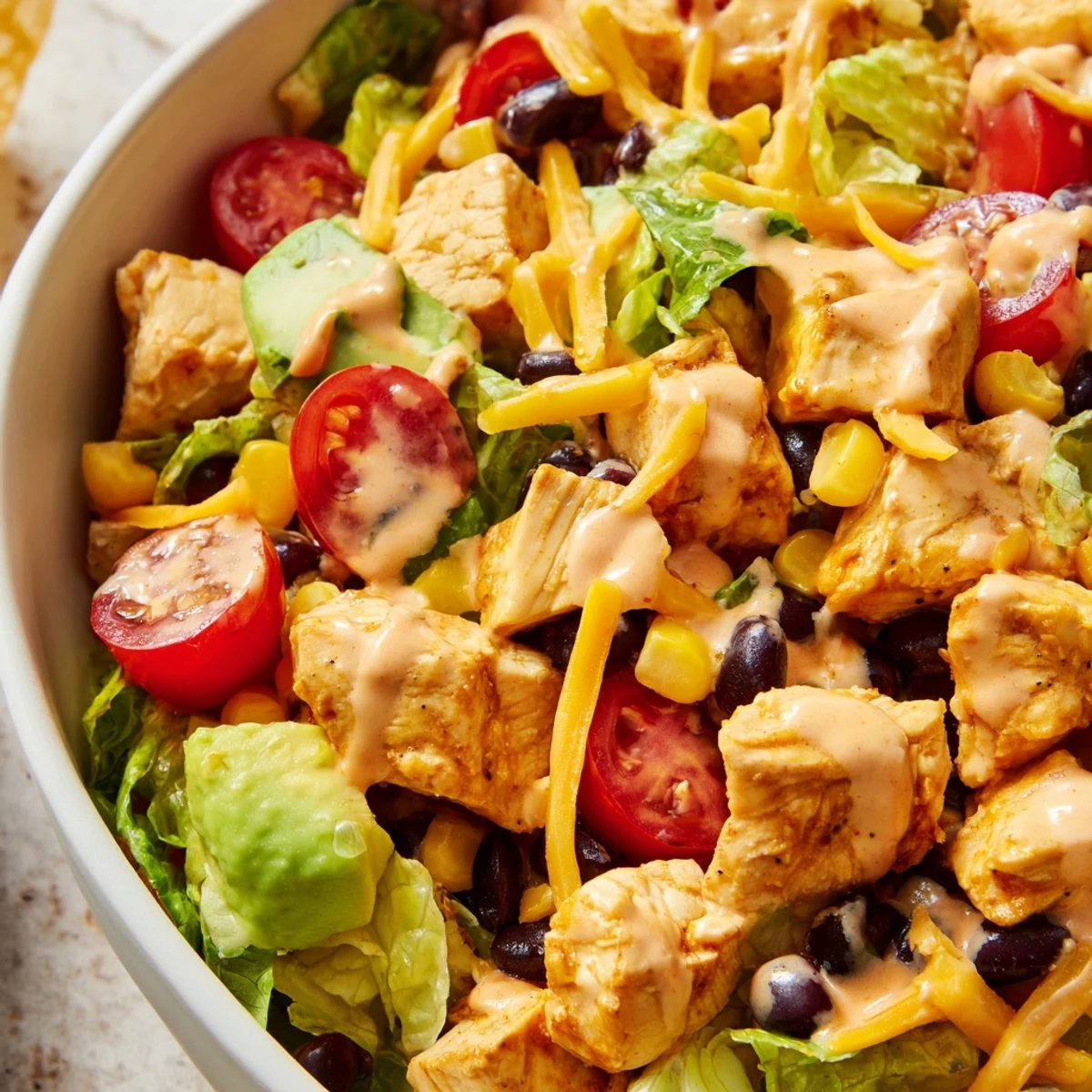 Ein großer Schüssel voll knackiger Chicken Taco Chopped Salad mit gekochten Hähnchenbruststreifen, buntem Gemüse und zerbröselten Tortilla-Chips.
