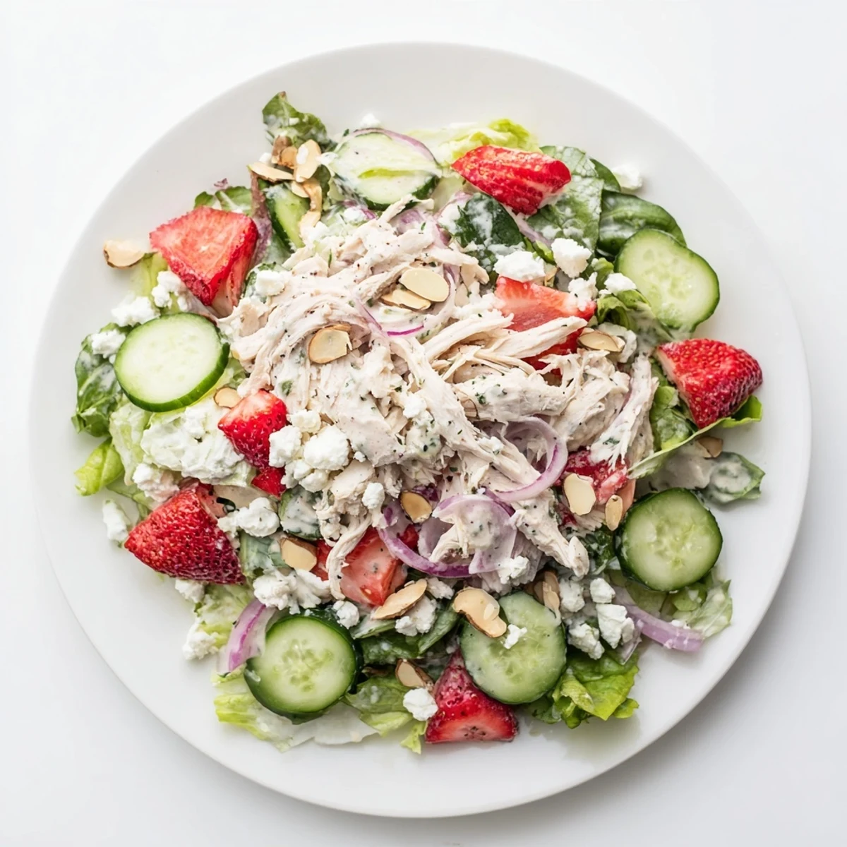 Ein frischer Sommer-Salat mit zartem Hühnchen, süßen Erdbeeren und knusprigen Mandeln, verfeinert mit einer cremigen Mohnsamen-Dressing.