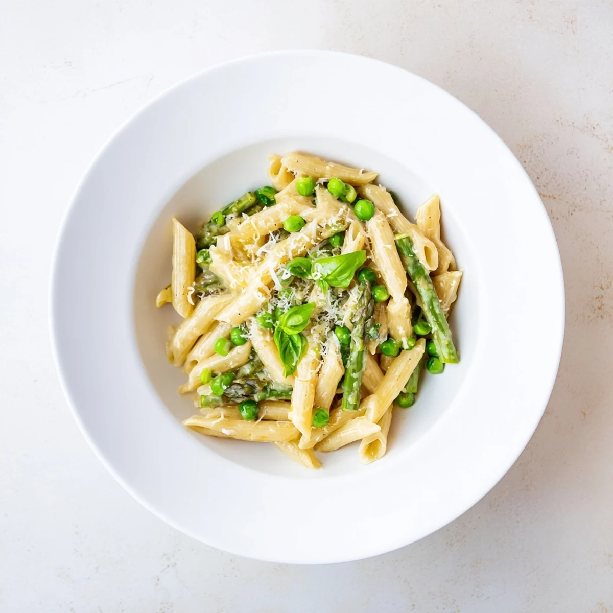 Ein farbenfroher Teller mit mit Knoblauch-Parmesan-Pasta, der von frischen Spargelspitzen, Erbsen und grünen Bohnen umrahmt wird.