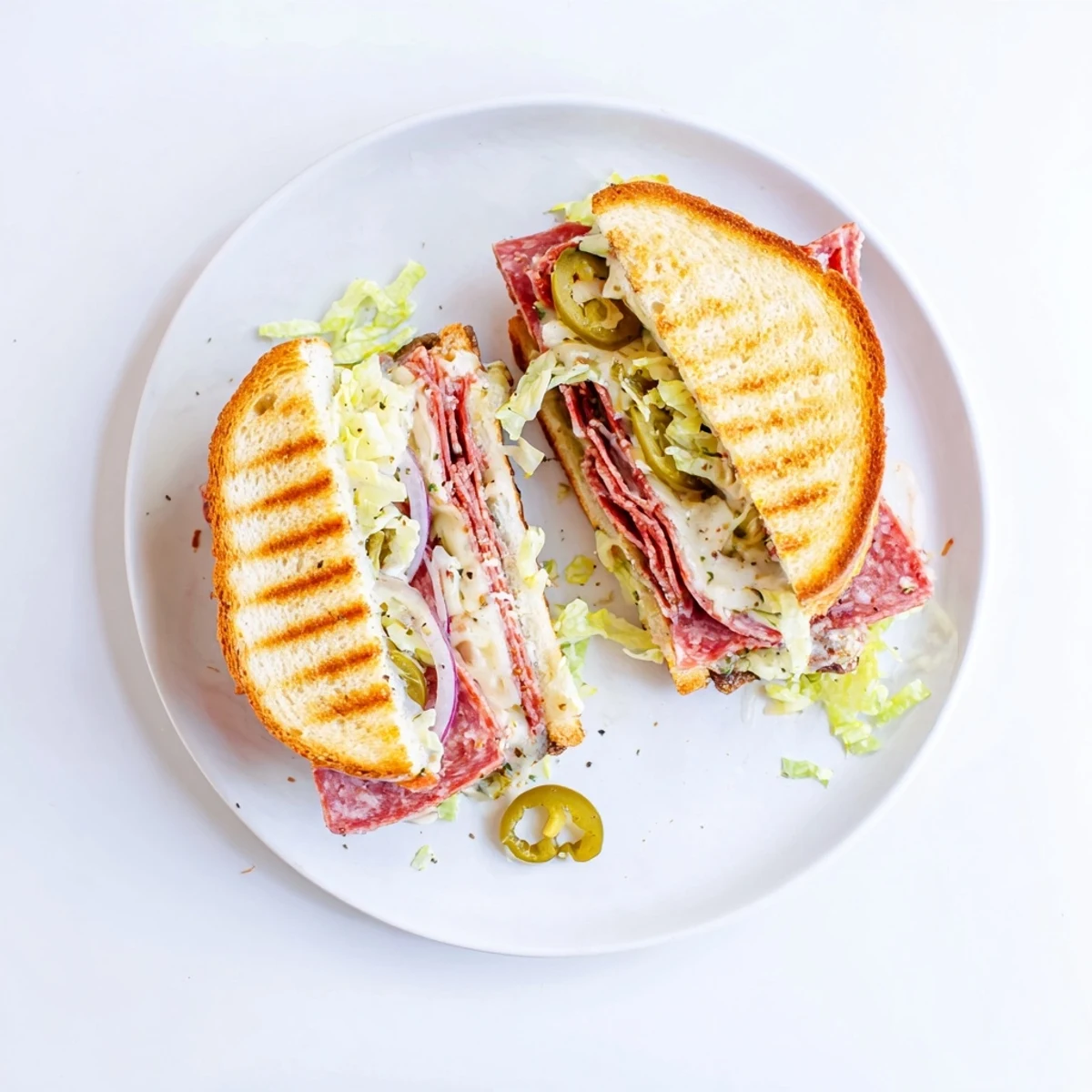Italienisches Sub-Grilled-Cheese-Sandwich mit geschmolzenem Provolone, Salami und würziger Pfefferoni-Füllung auf goldbraunem Brot.  