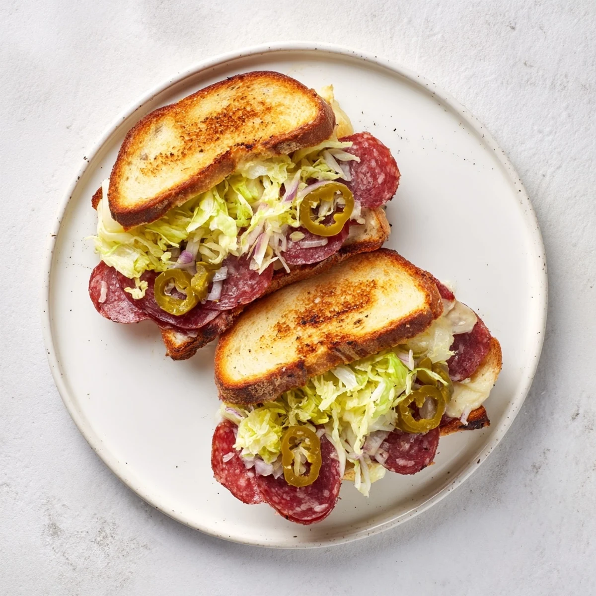 Italienisches Sub-Grilled-Cheese-Sandwich serviert mit knuspriger Salattopping-Mischung und golden gebratenem, butterigem Brot.  