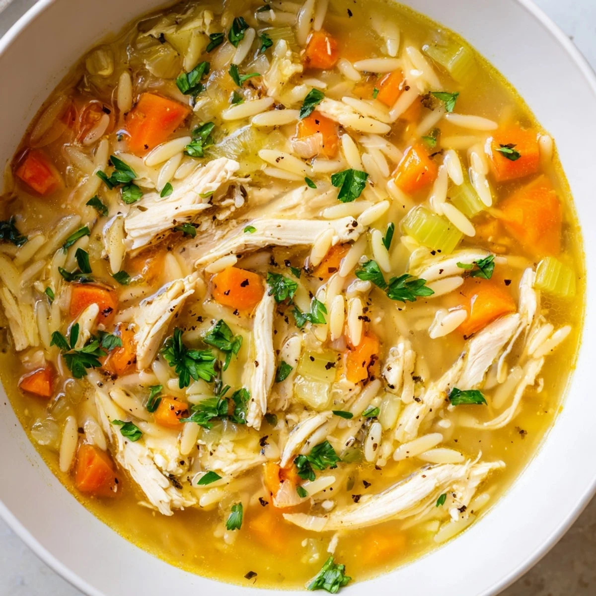 Dampfendes Lemon Pepper Chicken Orzo Soup mit frisch gehackter Petersilie und Zitronenspalten serviert in einer Schüssel.
