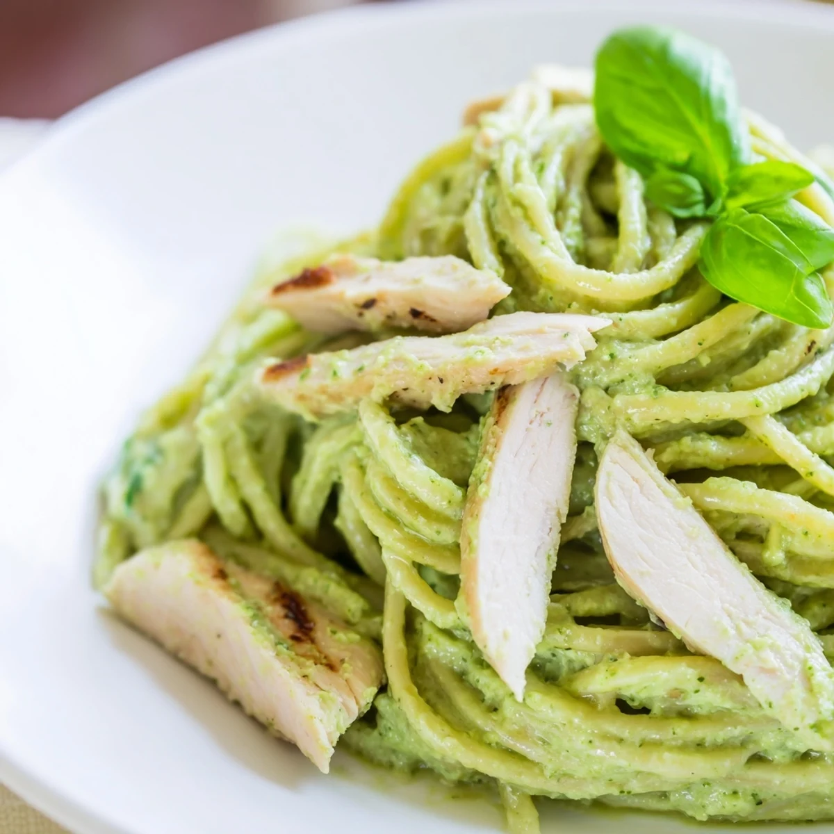 Rippenstücke vom Grill mit Cremig-Avocado-Hähnchen-Pasta auf dem Teller, garniert mit Basilikum und Parmesan.