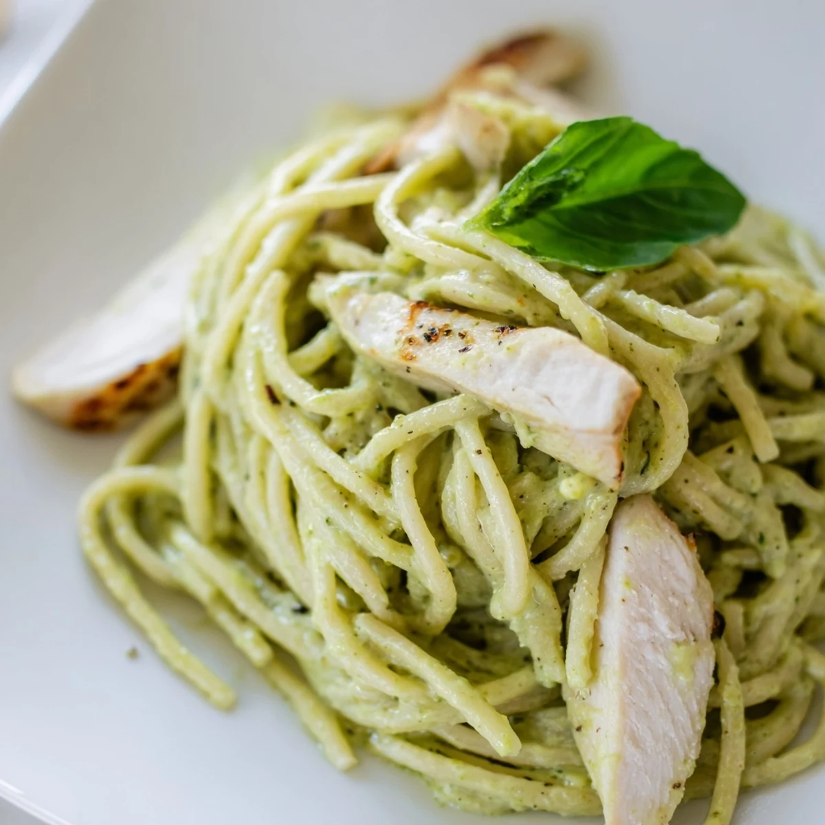 Hähnchenbrustfilet trifft auf zarte Nudeln in der grünen Avocado-Sauce für ein sättigendes Abendessen.