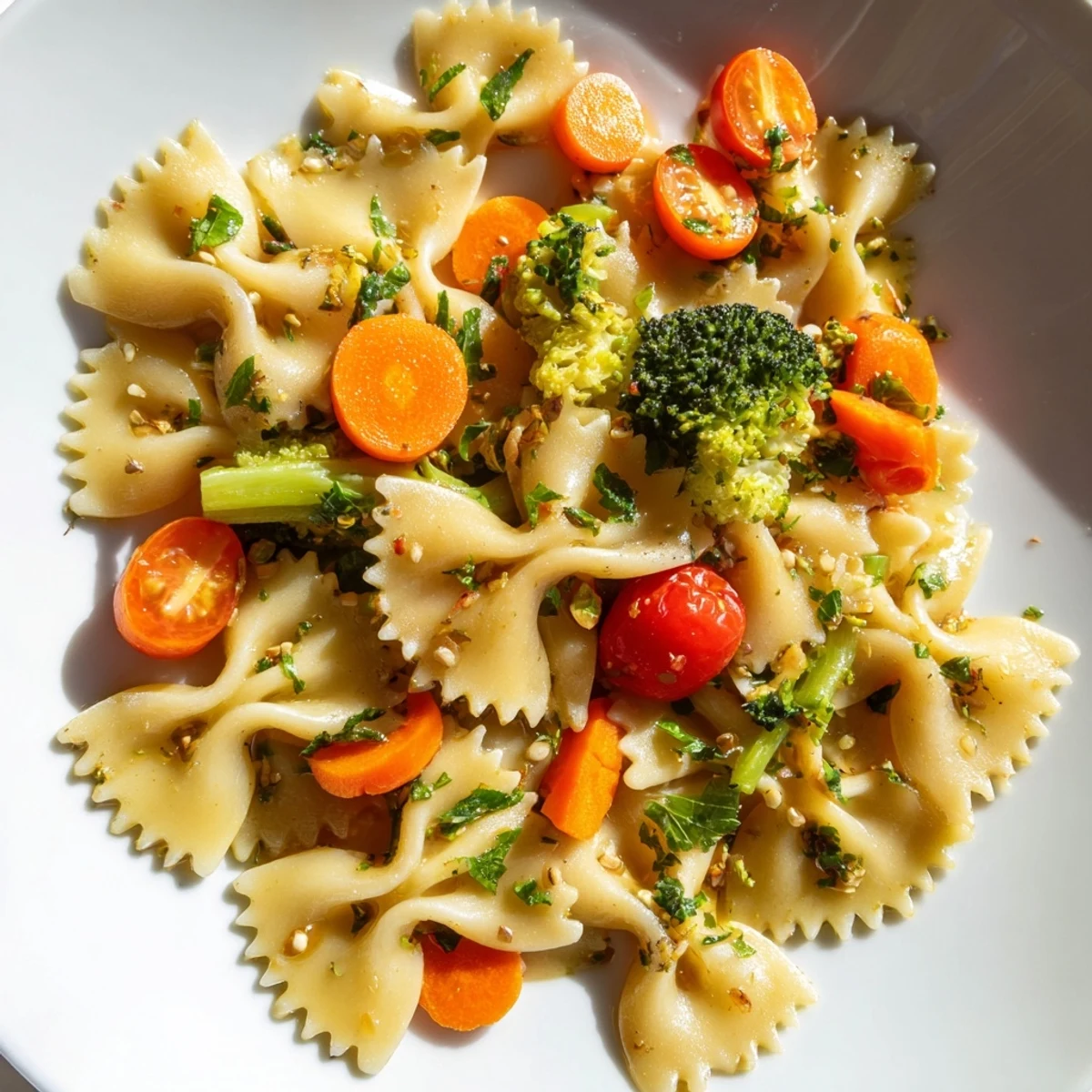 Bow-tie pasta tossed with colorful vegetables like cherry tomatoes and asparagus in a light garlic sauce.