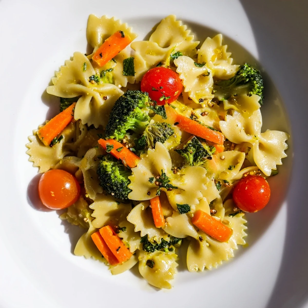 Freshly cooked farfalle pasta coated in zesty lemon oil with vibrant spring veggies, served hot.