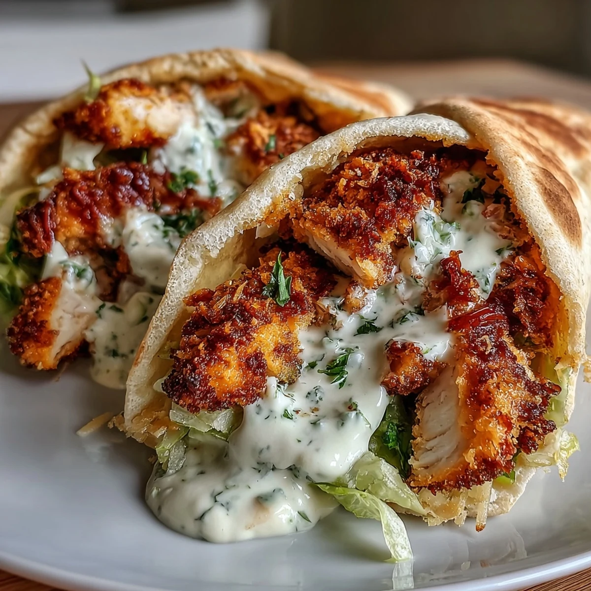 Goldene, knusprige Hähnchenstreifen aus dem Airfryer liegen in warmem Pita-Fladenbrot mit Caesar-Salat und Parmesan.
