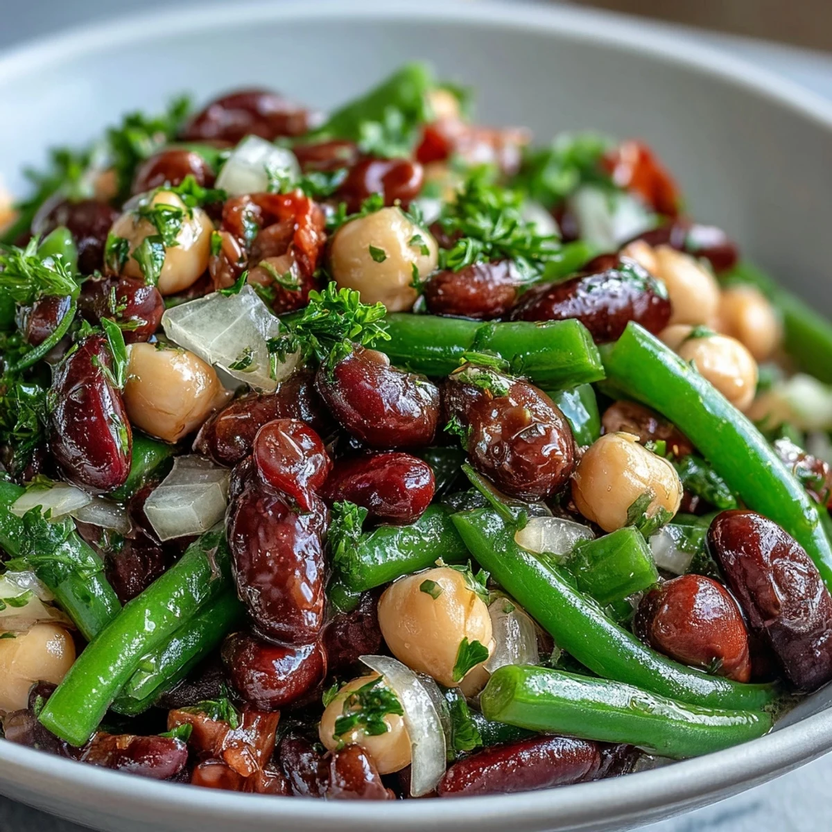 Bunte Three-Bean Salad mit würzigem Essig-Öl-Dressing auf einem Tisch.