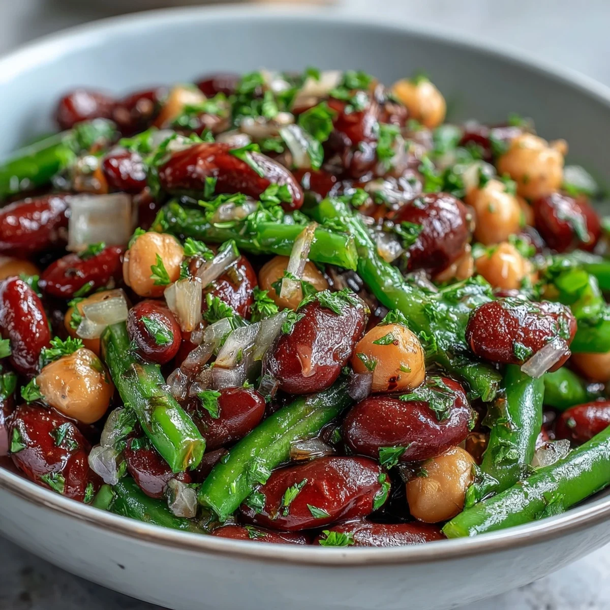 Nahaufnahme eines rustikalen Three-Bean Salad mit lebendigen Farben und frischen Kräutern.