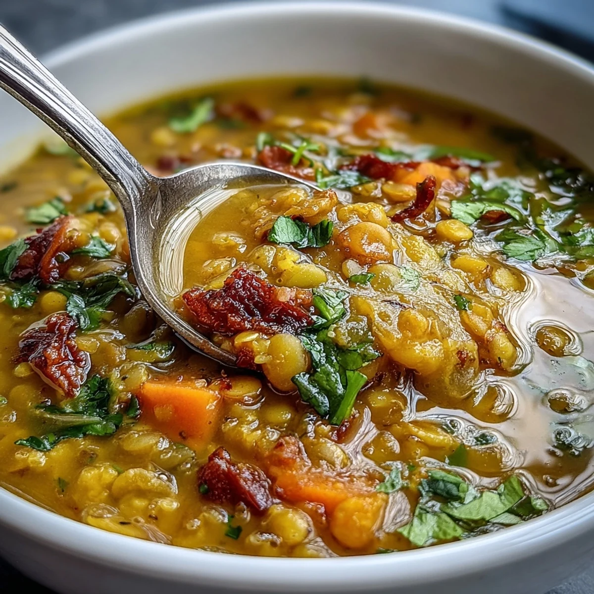 Heiße Mungobohnensuppe mit frischem Koriander, serviert mit Reis für ein nahrhaftes Veganes Gericht.