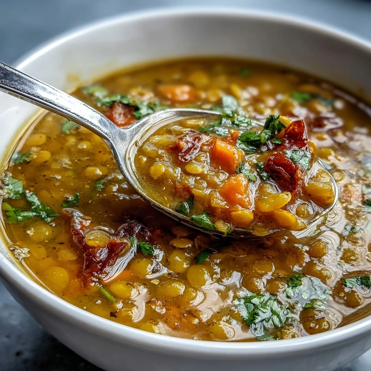 Würzige Mungobohnensuppe aus dem Topf, dampfend und mit einem Spritzer Zitrone garniert für Geschmack.