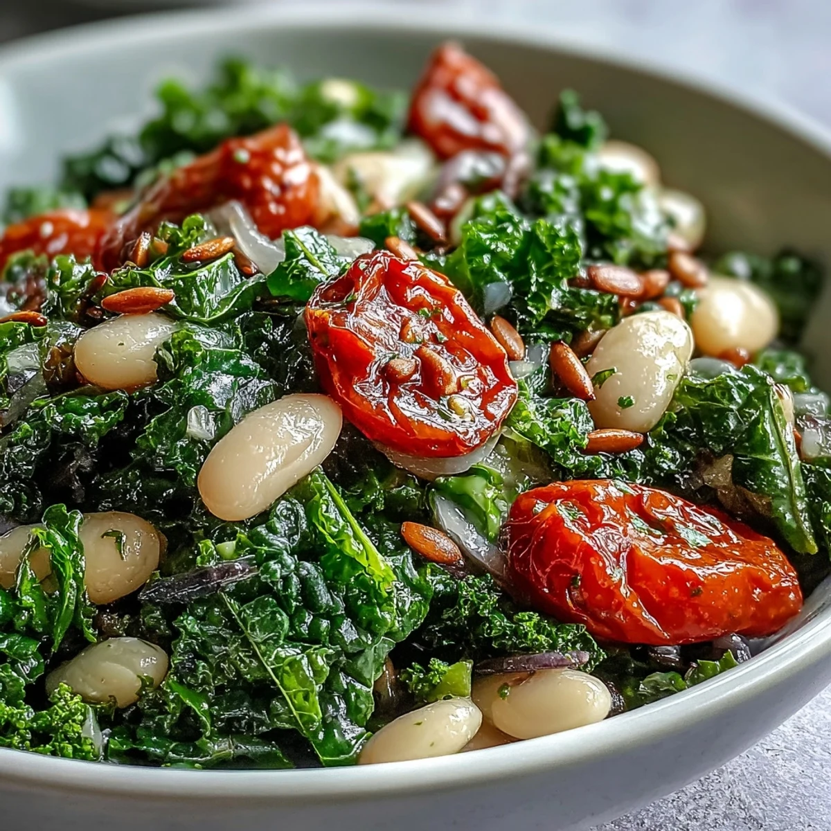 Herzhafter Weiße Bohnen-Grünkohl-Salat mit hellem Zitronen-Knoblauch-Dressing.