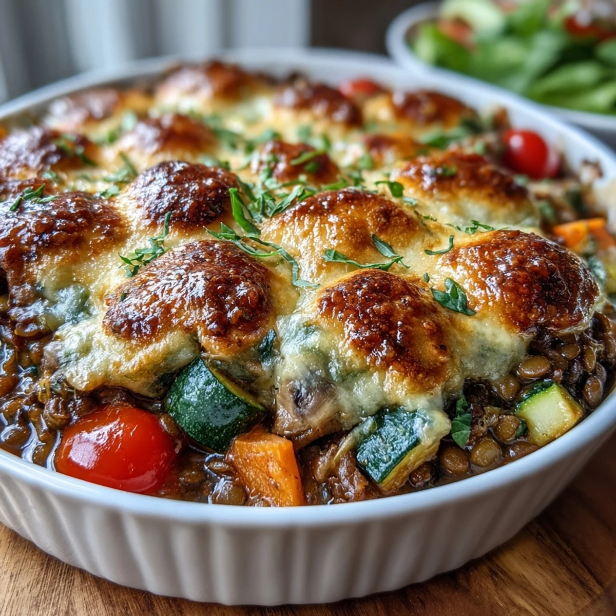 Herzhafter Grüne-Linsen-Gemüse-Auflauf, dampfend und käsig, servierfertig.